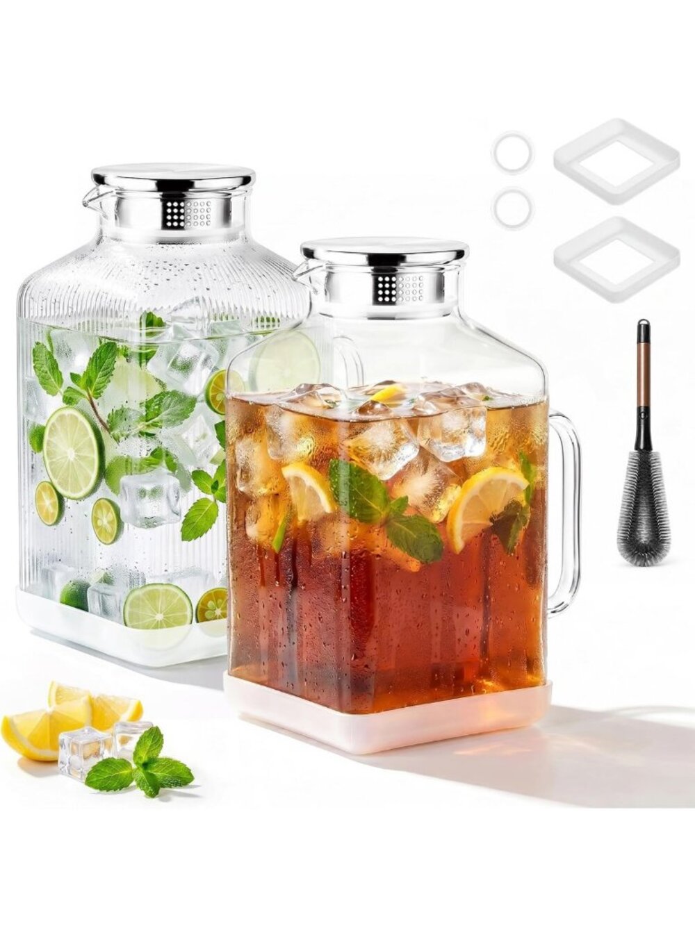 1 Gallon Glass Pitcher with Lid - BPA-Free, Square Design, Silicone Base for